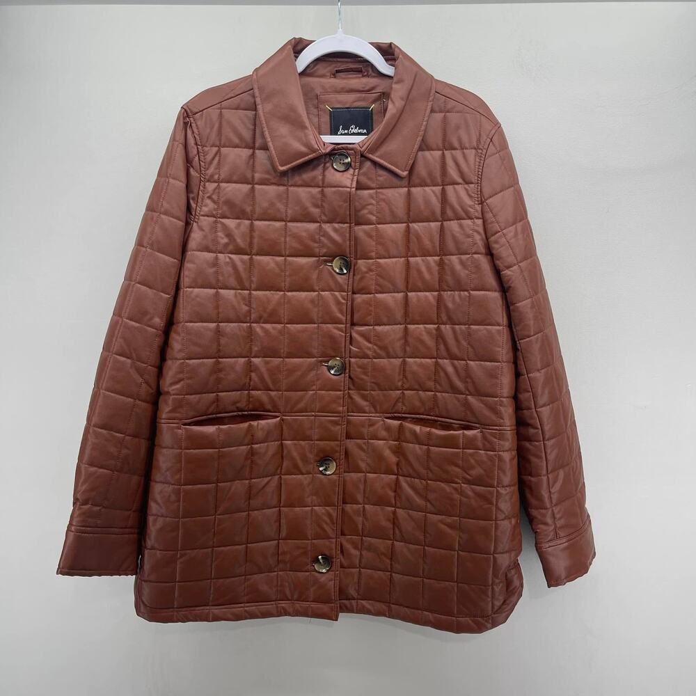 Sam Edelman Quilted Jacket Womens Large Brown Faux Leather Streetwear Fashion‎